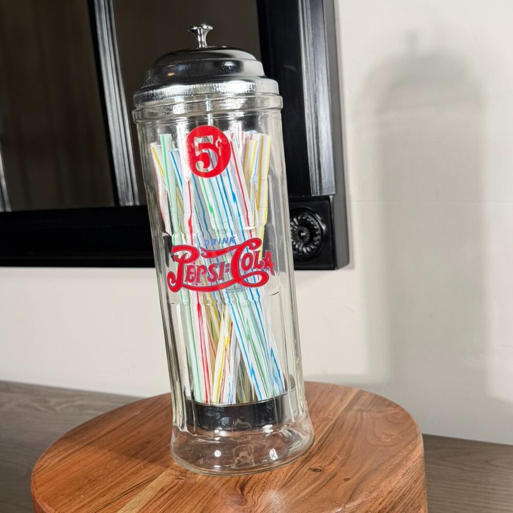 Vintage Pepsi-Cola 5¢ Glass Straw Dispenser | Retro Soda Shop Diner Decor